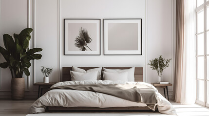 Blank white photo poster frame with black edge in modern, luxury beige brown bedroom