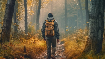 Naklejka premium A man walking through a forest with a backpack on his back.