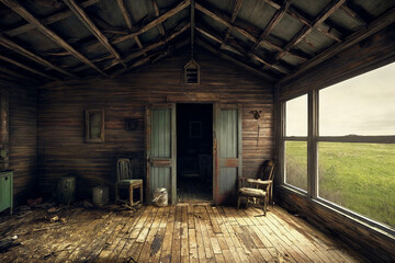 Naklejka premium An old abandoned broken wooden house in the middle of the forest like a scene from a western movie. Concept of horror with ghosts. Generative AI.