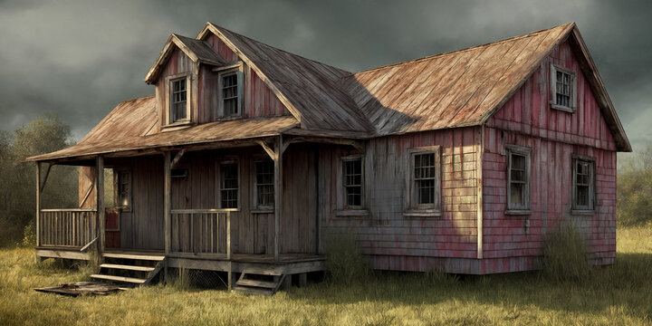 An old abandoned broken wooden house in the middle of the forest like a scene from a western movie. Concept of horror with ghosts. Generative AI.