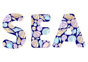 word sea with painted shells