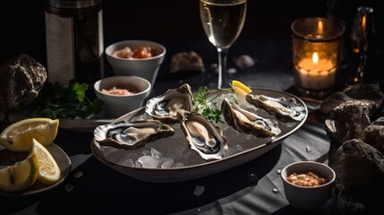 Raw oysters served in a french restaurant with lemon slices, wine, baguette and butter Generative AI