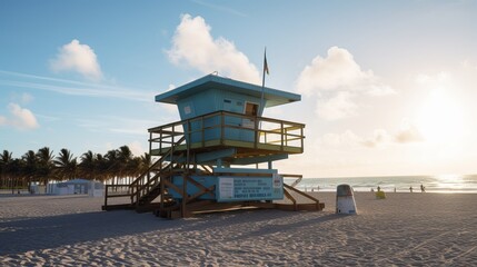 View of lifeguard tower and palm trees Generative AI