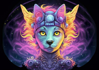 Cyberpunk depiction of a cute cat portrait. Pleasant soothing color background image. Generative AI.