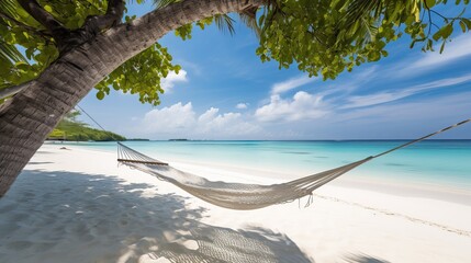 Hammock hanging from a palm tree on a beach, Maldives Generative AI