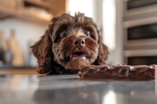 Small dog looking at chocolate bars on kitchen table. 
