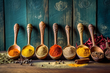 Rustic spoons filled with spices and herbs on a wood table, youthful energy. Generative Ai.
