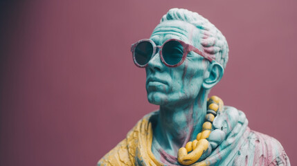 Ancient statue dressed in a colored suit with glasses and a pastel background. Image generated by AI.
