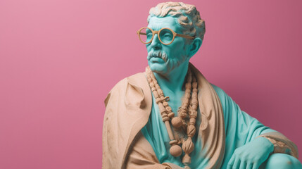 Ancient statue dressed in a colored suit with glasses and a pastel background. Image generated by AI.
