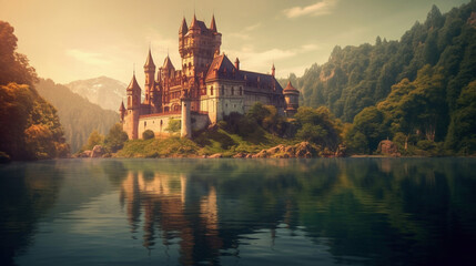 A generative ki illustration of a romantic castle on a lake with idyllic surroundings.