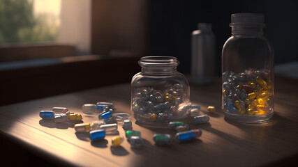 Pills scattered on the table and pills in glass jars. Generation of AI
