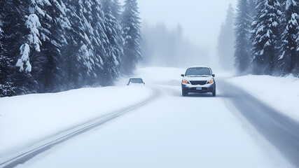 Fototapeta na wymiar A car in winter on a snowy road that runs through the forest. Generation AI