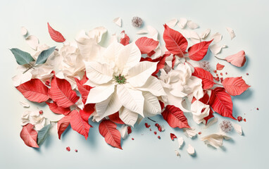 Red poinsettia and pine branches on white background, scattered composition. Generative AI.
