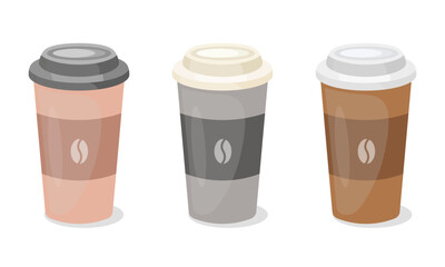 Three paper coffee cups. Coffee to go emblems set. Vector disposable cup of coffee.