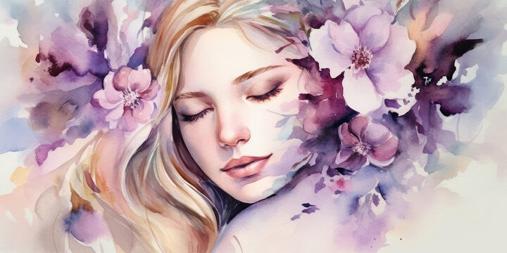 Watercolor young woman with flowers portrait art. Colorful creative watercolor illustration. Generative Ai
