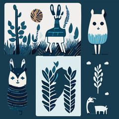 Hand drawn vector abstract graphic cartoon illustrations cards set template with beauty cute minimalistic style wildlife Llama print set. Wild life Llama animal concept design art