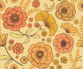 Groovy retro flower seamless pattern. Vintage digital paint for fabric, textile, wallpaper, card with 70’s aesthetic. Boho floral design. - 602122517