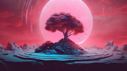 Synthwave dystopian tree with rocks and neon lights, Generative AI