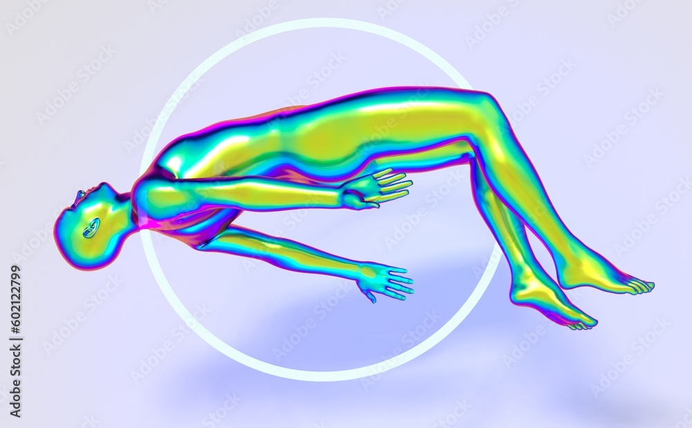Poster human figure floating in the void and a neon ring in the background. 3d surreal illustration.