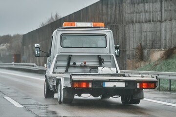 Empty flatbed tow carrier truck. empty car carrier and flatbed tow truck vehicle travelling on a...