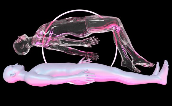 Surreal futuritic 3D illustration a human figure floating in the void  and a soul or astral projection. Concept of a meditation and out-of-body experience.