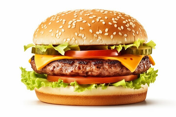 Perfect burger with meat isolated on white background, post-processed, generative ai