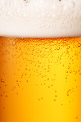 Close-up glass of cold beer with foam as texture and background, post-processed, generative ai