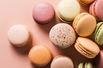 Macaroons on cream pastel background, chic cafe dessert, sweet food and holiday cake macaron for luxury confectionery, post-processed, generative ai