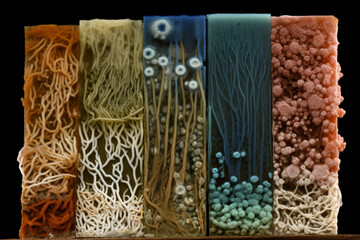 An image of a bacterial biofilm, with different strains visible in distinct layers, bacteria Generative AI