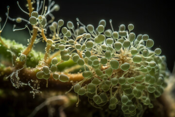 A photo of bacteria on the surface of a plant, highlighting the symbiotic relationship between the two organisms, bacteria Generative AI - obrazy, fototapety, plakaty