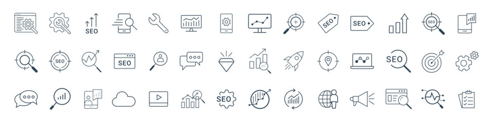 Fototapeta premium SEO and Development icon set. Search engine Optimization, business, marketing, target, ranking, contact, website, traffic line icon vector