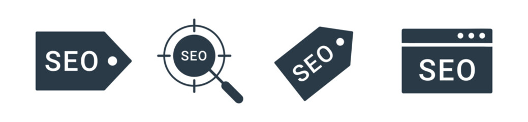 SEO icon set. Search Engine Optimization, business, marketing, target, ranking, traffic solid icon vector
