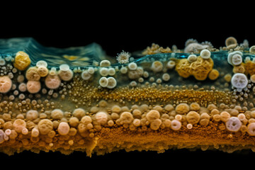 An image of a bacterial biofilm, with different strains visible in distinct layers, bacteria Generative AI