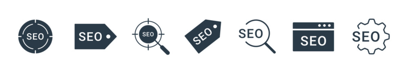 SEO icon set. Search Engine Optimization, business, marketing, target, ranking, traffic solid icon vector