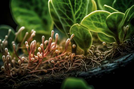 A photo of bacteria on the surface of a plant, highlighting the symbiotic relationship between the two organisms, bacteria Generative AI
