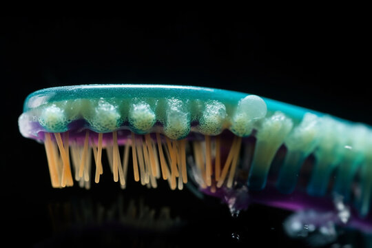 A close-up of bacteria on a toothbrush, highlighting the importance of good oral hygiene, bacteria Generative AI