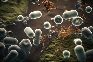 An image of bacteria in a wastewater treatment plant, illustrating the role of bacteria in breaking down organic matter, bacteria Generative AI