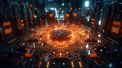 Futuristic scene of an advanced artificial intelligence system, showing intricate circuits and glowing connections. Generated AI