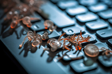 An image of bacteria on a computer keyboard, illustrating the importance of regular cleaning to prevent the spread of germs, bacteria Generative AI