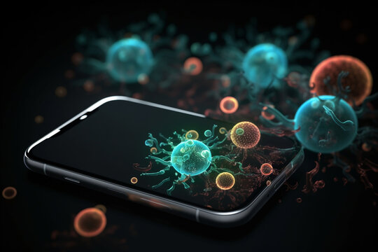 A picture of bacteria on a smartphone screen, highlighting the importance of disinfection in everyday life, bacteria Generative AI
