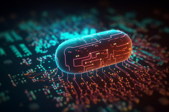 An illustration of bacteria as a model for artificial intelligence and machine learning, with circuits and algorithms in the background, bacteria Generative AI