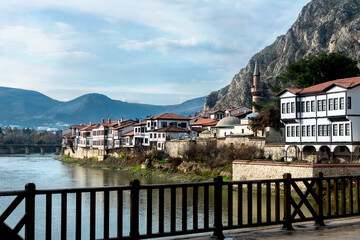 River scenes of old traditional Ottoman houses in Amasya, Turkey