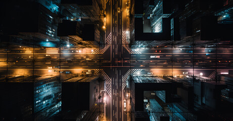 abstract image representing a bustling city street seen from above, with grids of lights against a dark background