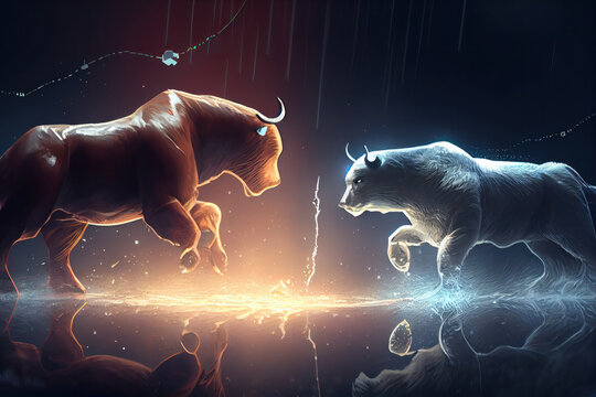 A Bull And Bear Statue Standing Side By Side, Symbolizing The Unpredictable And Ever-changing Nature Of The Stock Market. AI Generative.