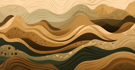 abstract representation of a desert, featuring an undulating pattern of sand dunes in various shades of gold and brown, interspersed with the occasional green cactus