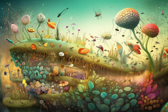 An artistic representation of bacteria as part of a complex ecosystem, with plants, animals, and insects in the background, bacteria Generative AI