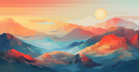 abstract image capturing the essence of a sunrise over a mountain range, with gradients of oranges and yellows against a light blue backdrop