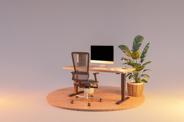Fototapeta premium single isolated computer workspace on wooden podium with adjustable desk and plant; freelance and home office concept; 3D Illustration