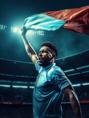 soccer player celebrates with a team flag - Generated by Generative AI