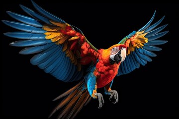 Beautiful colorful parrot flying on black background,Generative, AI, Illustration.,Generative, AI, Illustration. - obrazy, fototapety, plakaty
